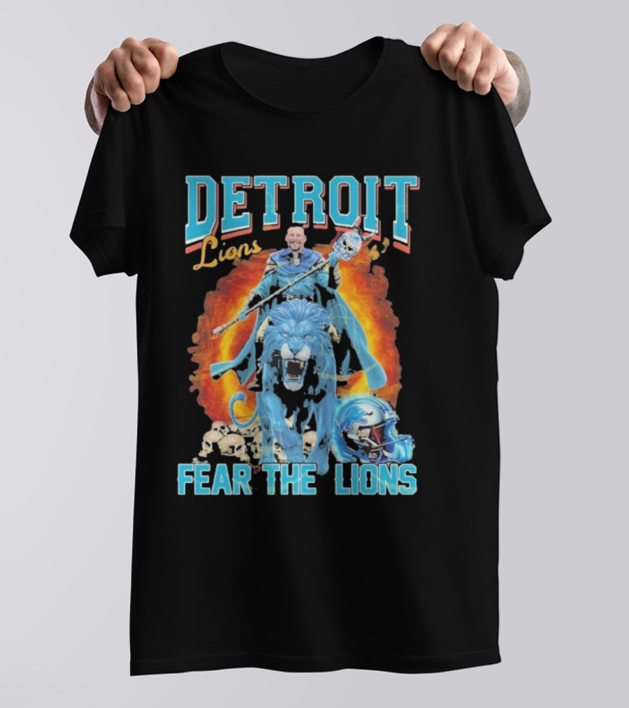 Detroit Lions Fear The Lions Blue Flame Warrior Helmets Skulls T-Shirt