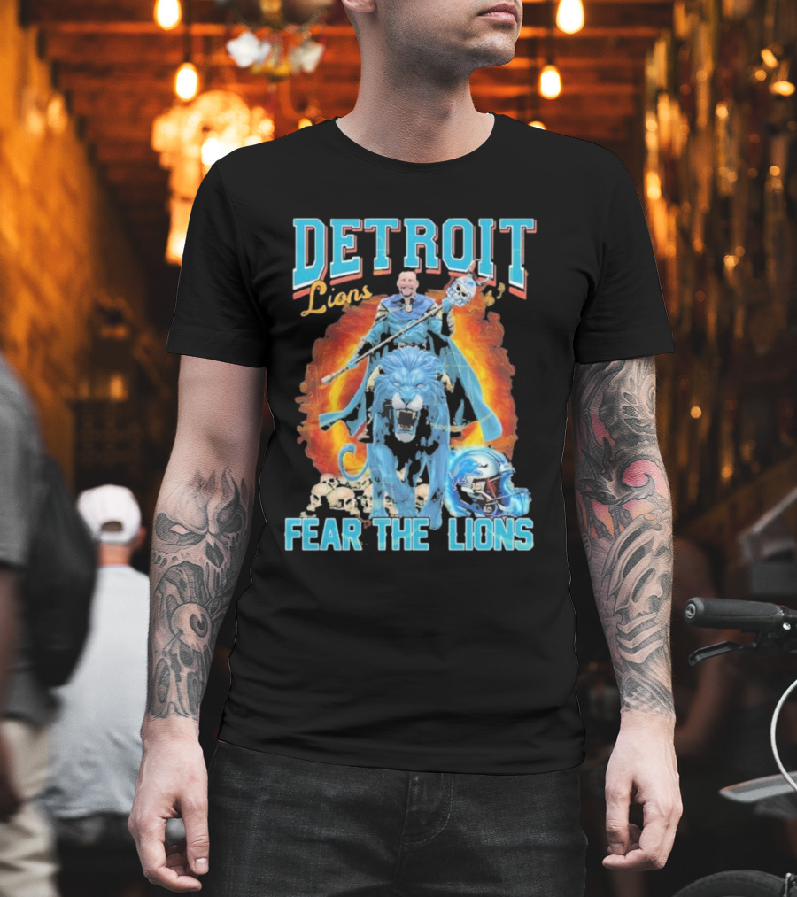 Detroit Lions Fear The Lions Blue Flame Warrior Helmets Skulls T-Shirt
