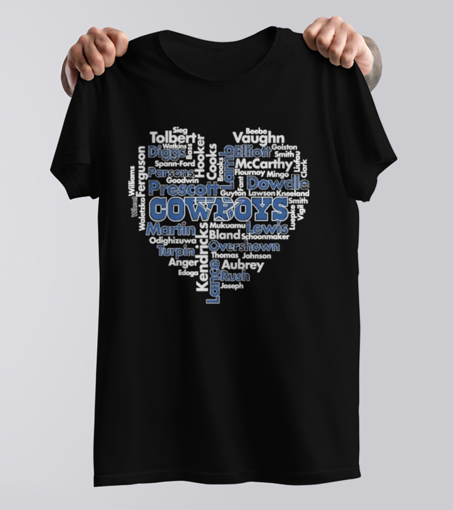 Dallas Cowboys Heart With Player Names Prescott Parsons Diggs Elliott T-Shirt