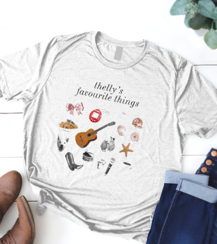 Thelly's Favourite Things Guitar Animals Microphone Starfish Shells Cowboy Boot Bow Pasta Tamagotchi T-Shirt