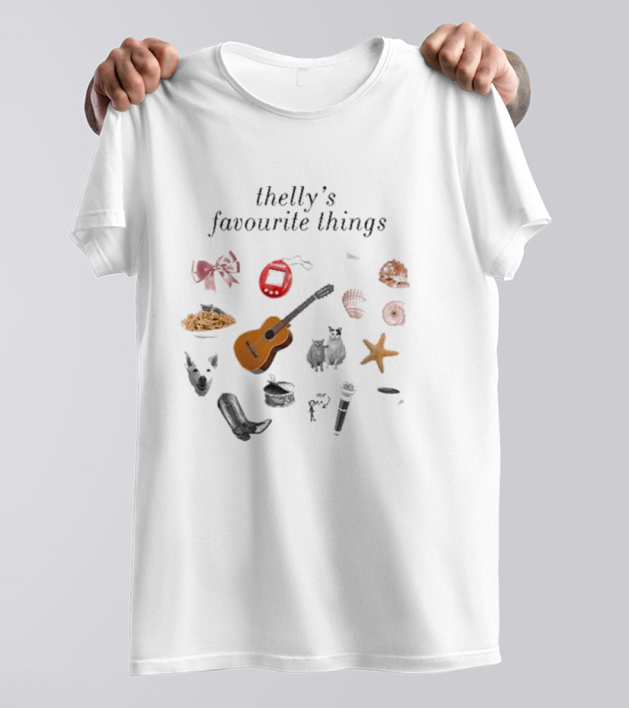 Thelly's Favourite Things Guitar Animals Microphone Starfish Shells Cowboy Boot Bow Pasta Tamagotchi T-Shirt