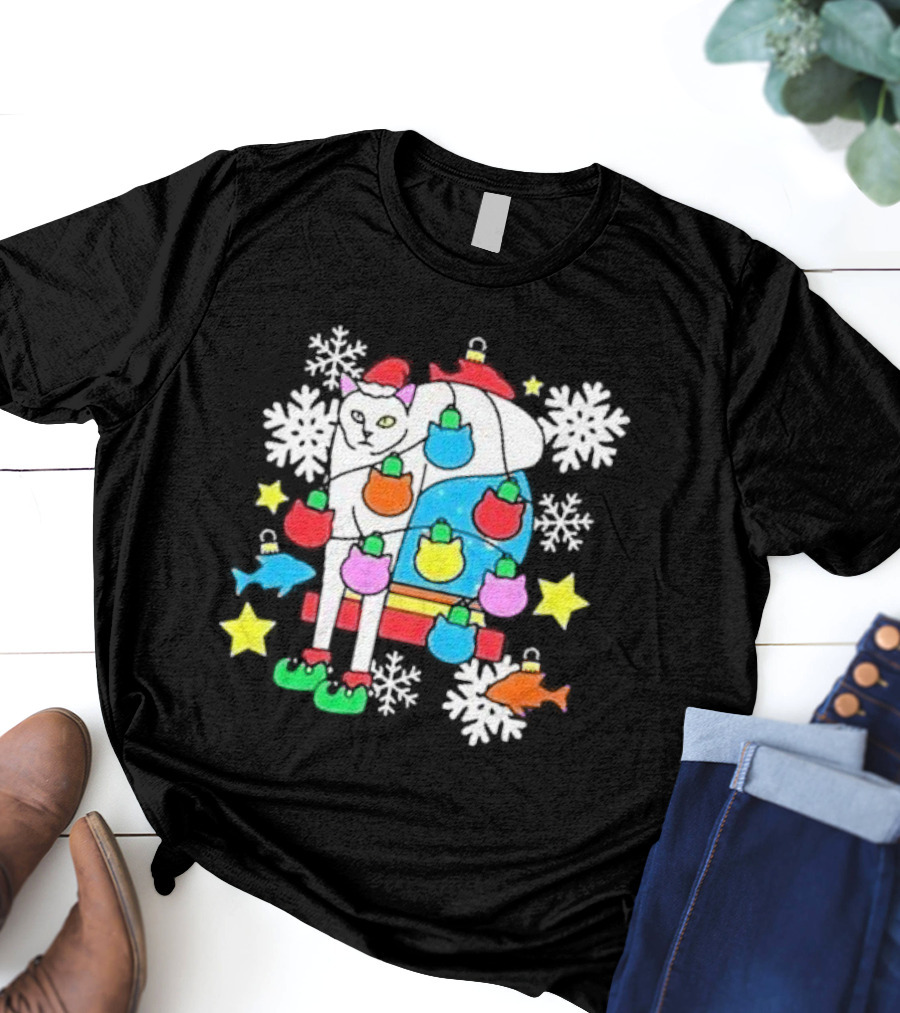 Weird Little Holiday Cat With Santa Hat And Colorful Baubles Christmas T-Shirt