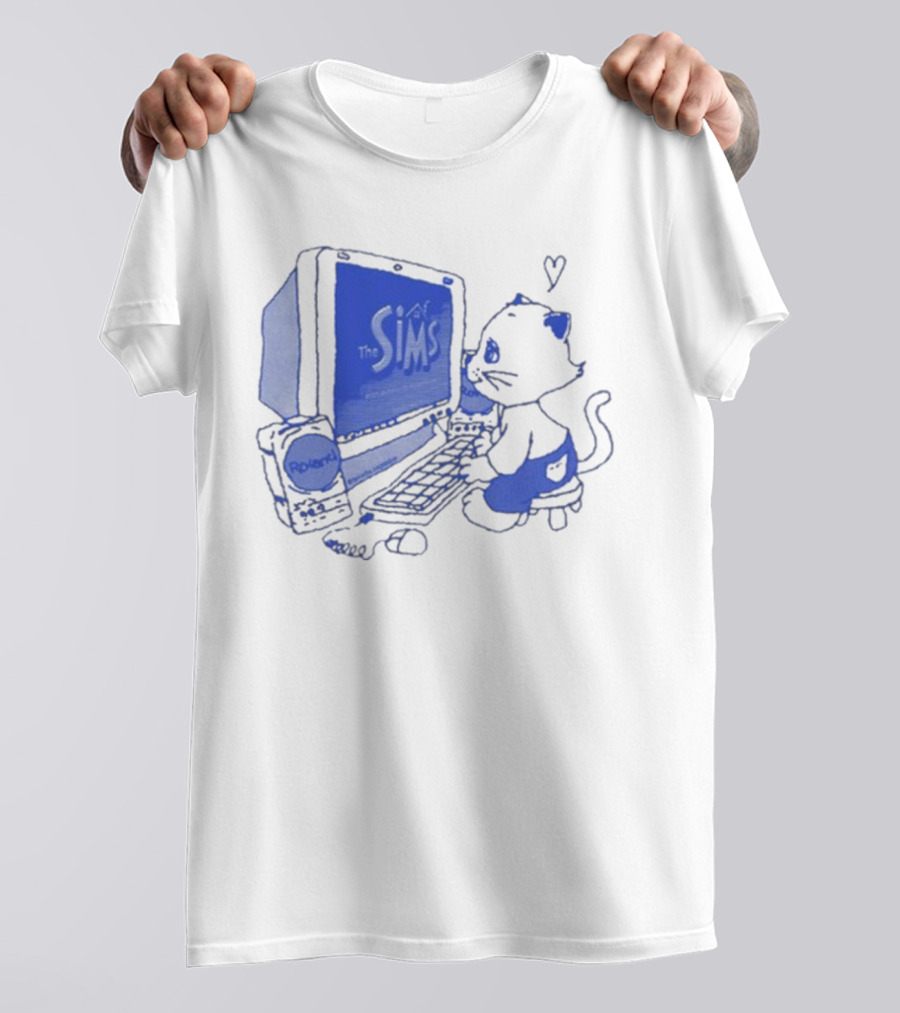 The Sims Loading Screen Cat Computer 90s Nostalgia Blue Graphics T-Shirt