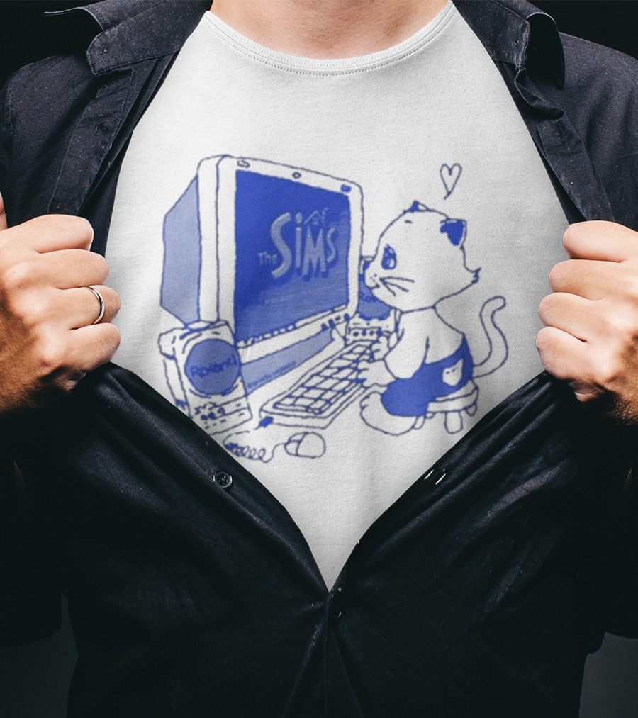 The Sims Loading Screen Cat Computer 90s Nostalgia Blue Graphics T-Shirt