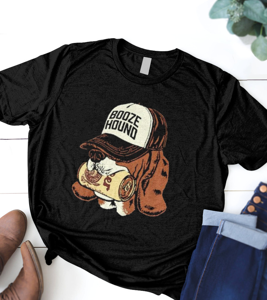 Booze Hound Dog Wearing Cap Holding Beer Can T-Shirt