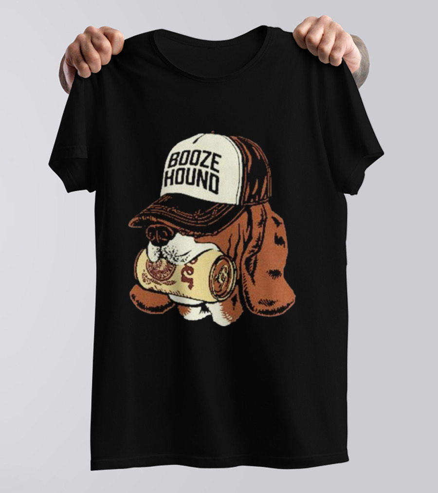 Booze Hound Dog Wearing Cap Holding Beer Can T-Shirt
