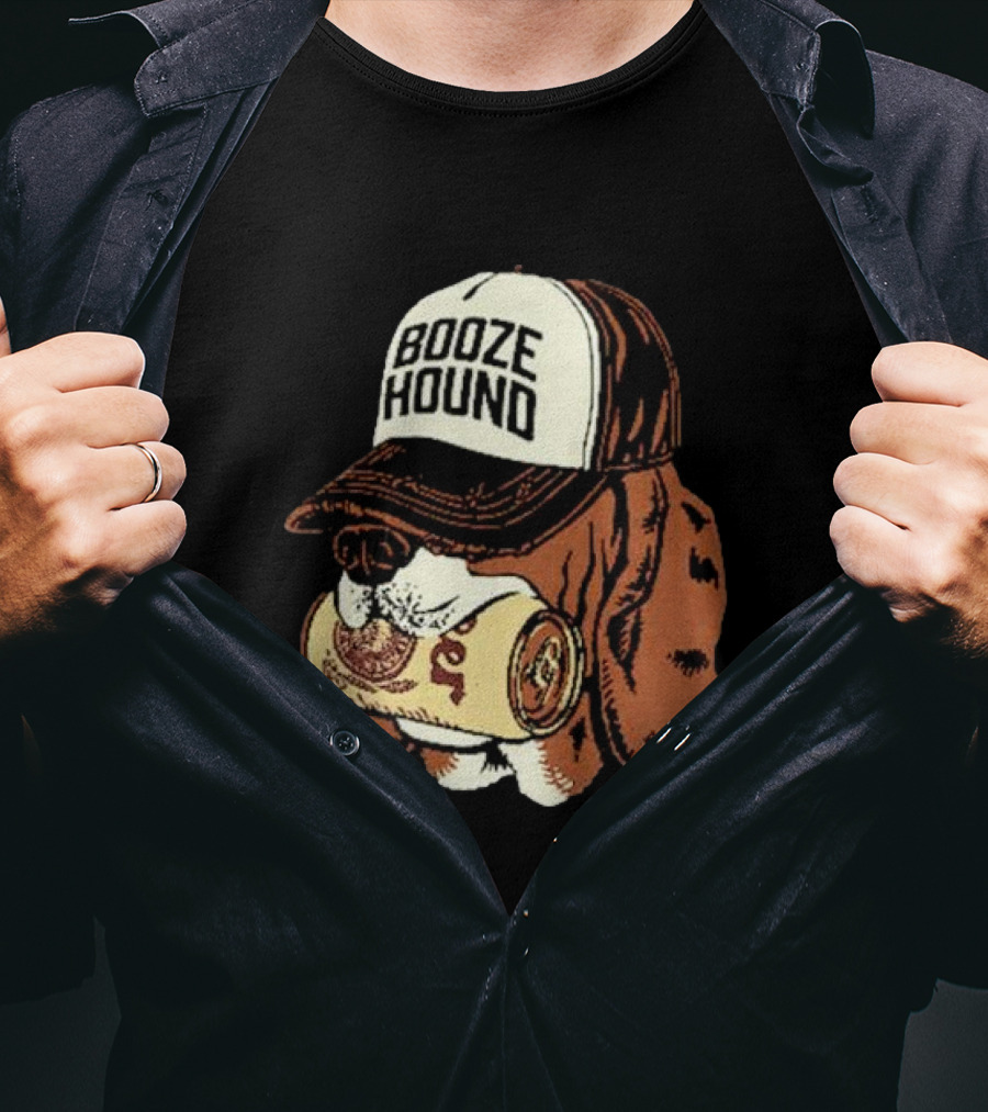 Booze Hound Dog Wearing Cap Holding Beer Can T-Shirt