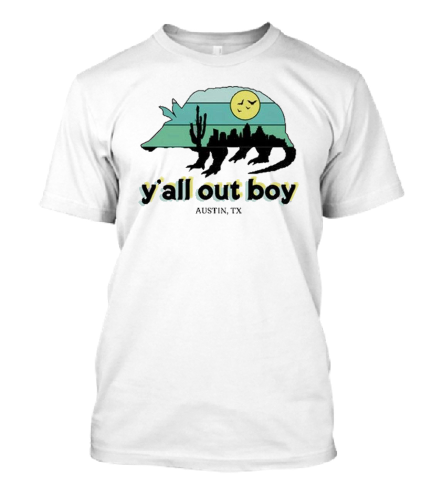Y'all Out Boy Armadillo Austin TX Blue Gold Cactus Moon Skyline T-Shirt