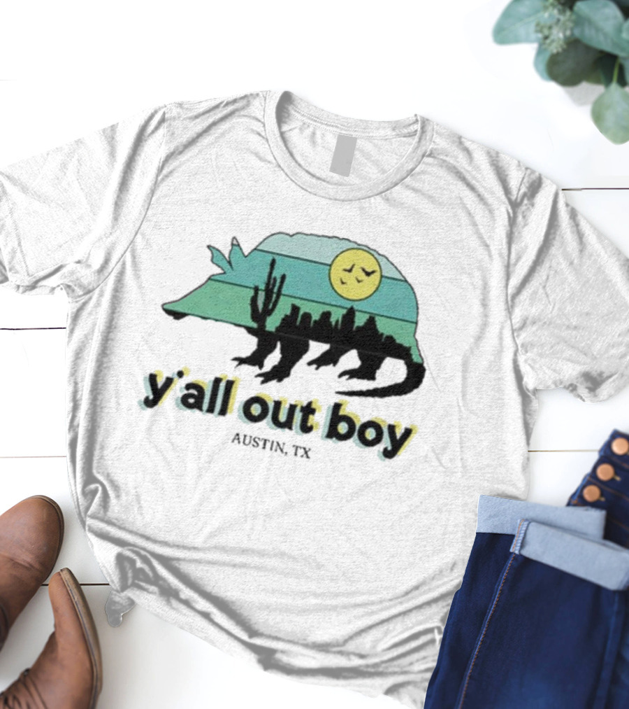 Y'all Out Boy Armadillo Austin TX Blue Gold Cactus Moon Skyline T-Shirt
