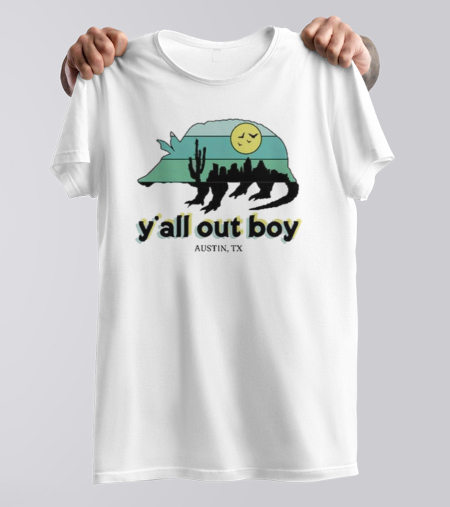 Y'all Out Boy Armadillo Austin TX Blue Gold Cactus Moon Skyline T-Shirt