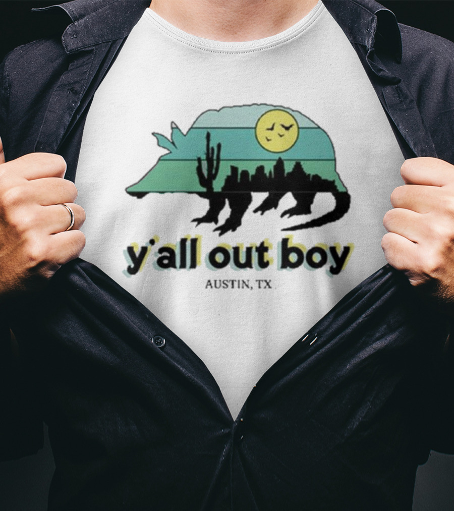 Y'all Out Boy Armadillo Austin TX Blue Gold Cactus Moon Skyline T-Shirt