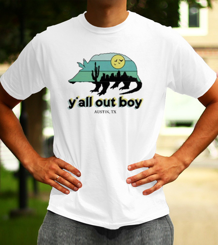 Y'all Out Boy Armadillo Austin TX Blue Gold Cactus Moon Skyline T-Shirt