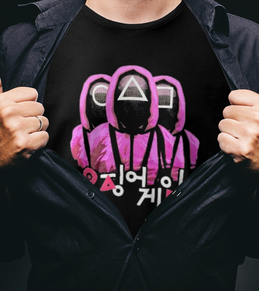 Squid Game Masked Guards Symbols Korean Text Netflix Series Promo T-Shirt