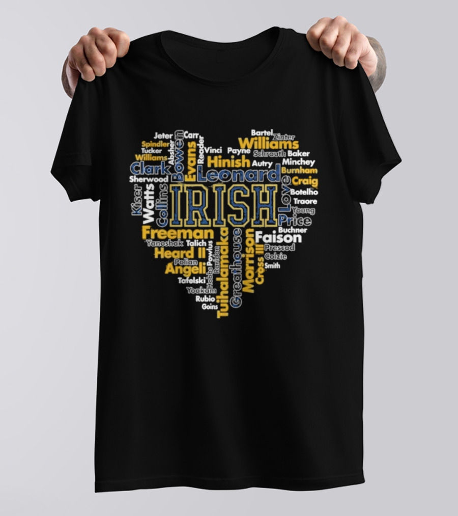 Notre Dame Fighting Irish Heart-Shaped Word Cloud Featuring Player Names For Fans And Supporters T-Shirt