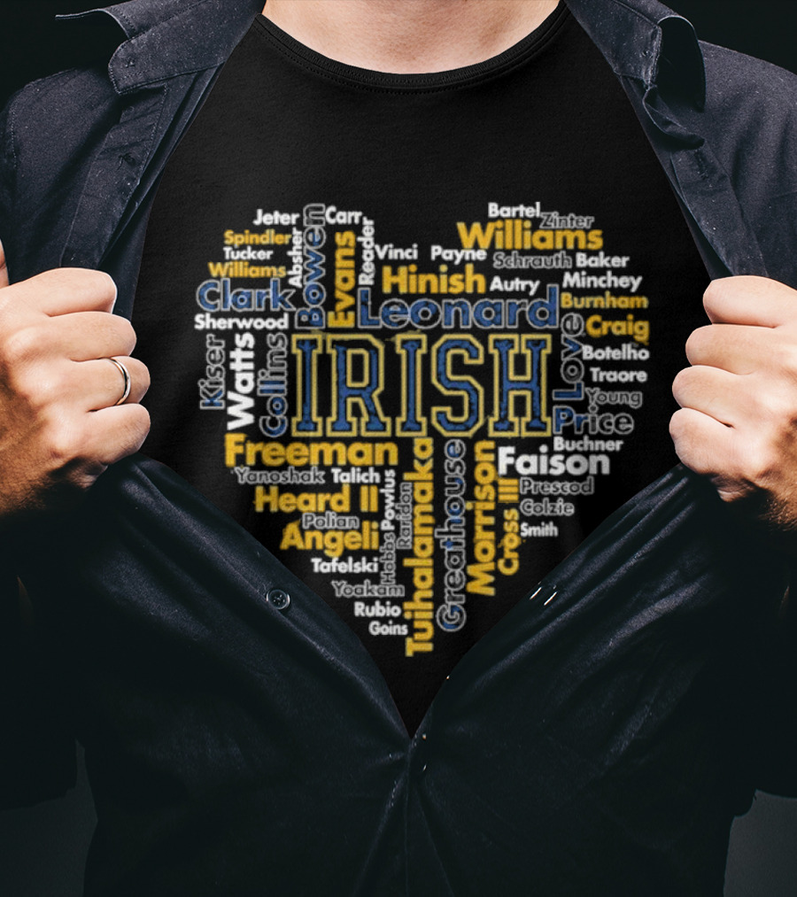 Notre Dame Fighting Irish Heart-Shaped Word Cloud Featuring Player Names For Fans And Supporters T-Shirt