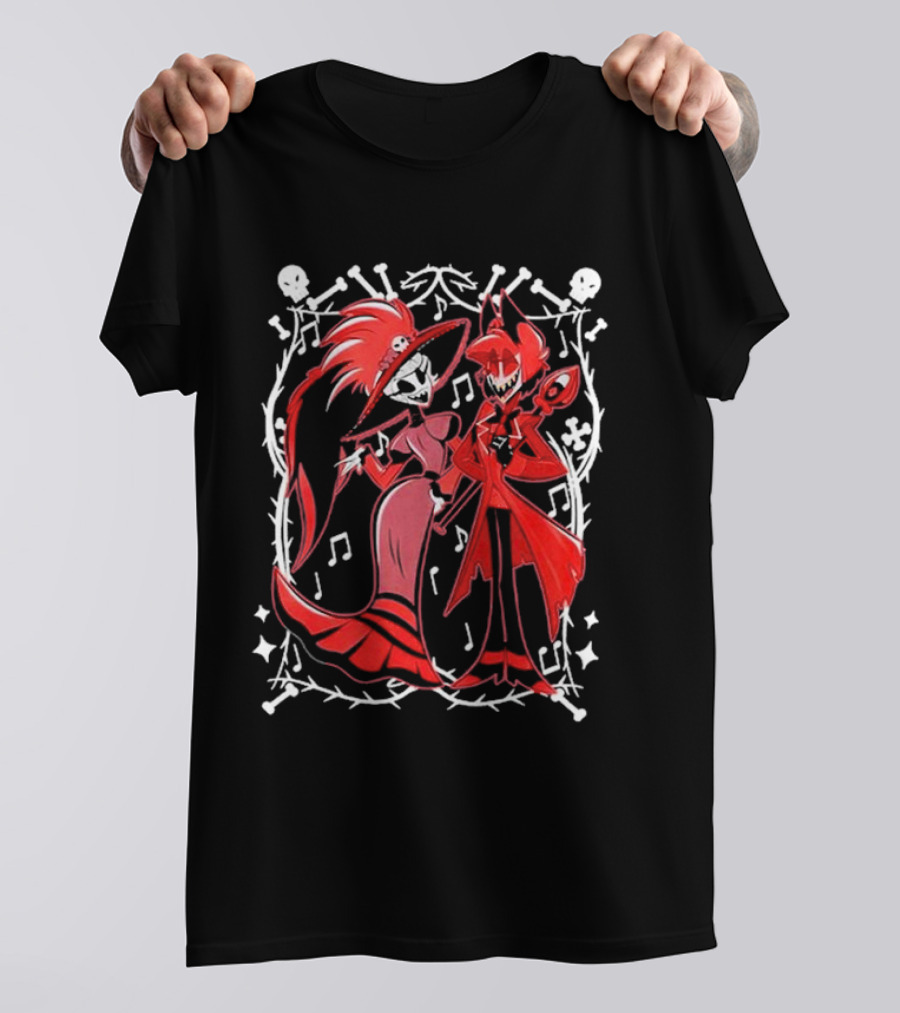 Hazbin Hotel Rosie And Alastor With Musical Notes And Skull Border T-Shirt