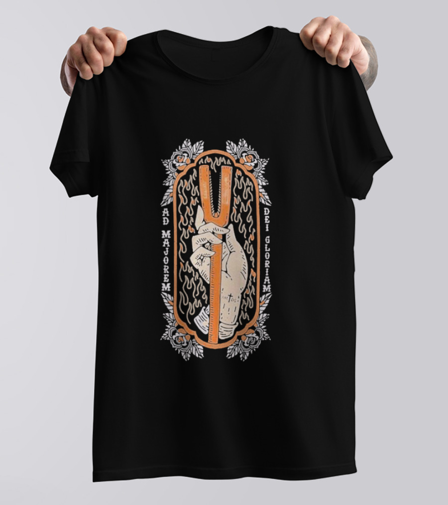 Ad Majorem Dei Gloriam Hook And Irons Hand With Flames And Roses T-Shirt