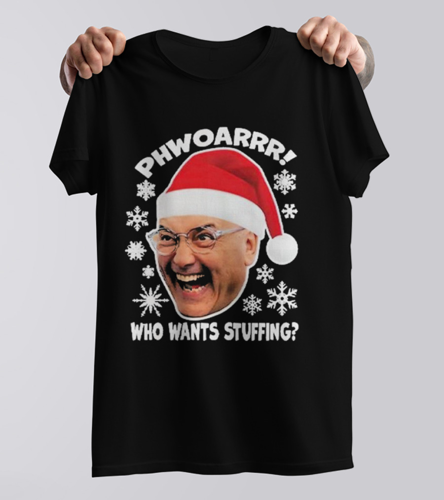 Phwoarrr Gregg Wallace Who Wants Stuffing Snowflakes Santa Hat T-Shirt