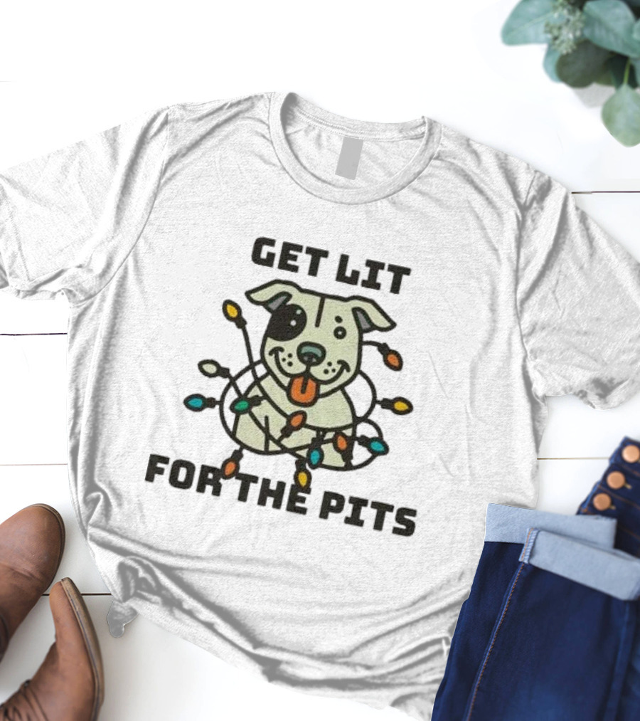 Get Lit For The Pits Holiday Fundraiser With Festive Dog And Colorful Lights T-Shirt