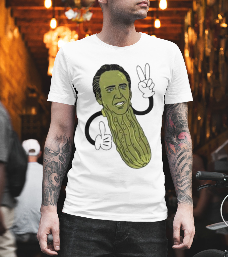 Picolas Cage Nick Cage Pickle Character With Peace Sign Christmas T-Shirt