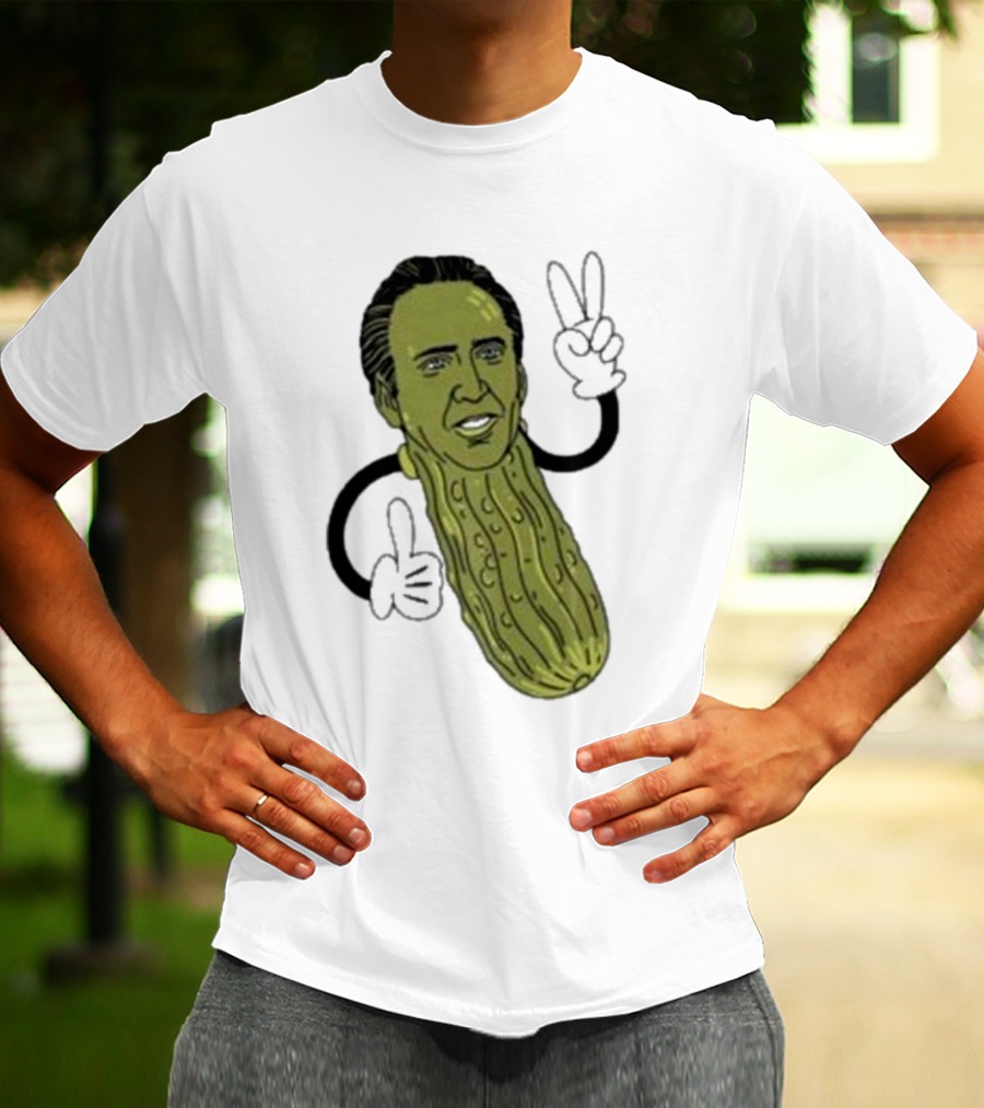 Picolas Cage Nick Cage Pickle Character With Peace Sign Christmas T-Shirt
