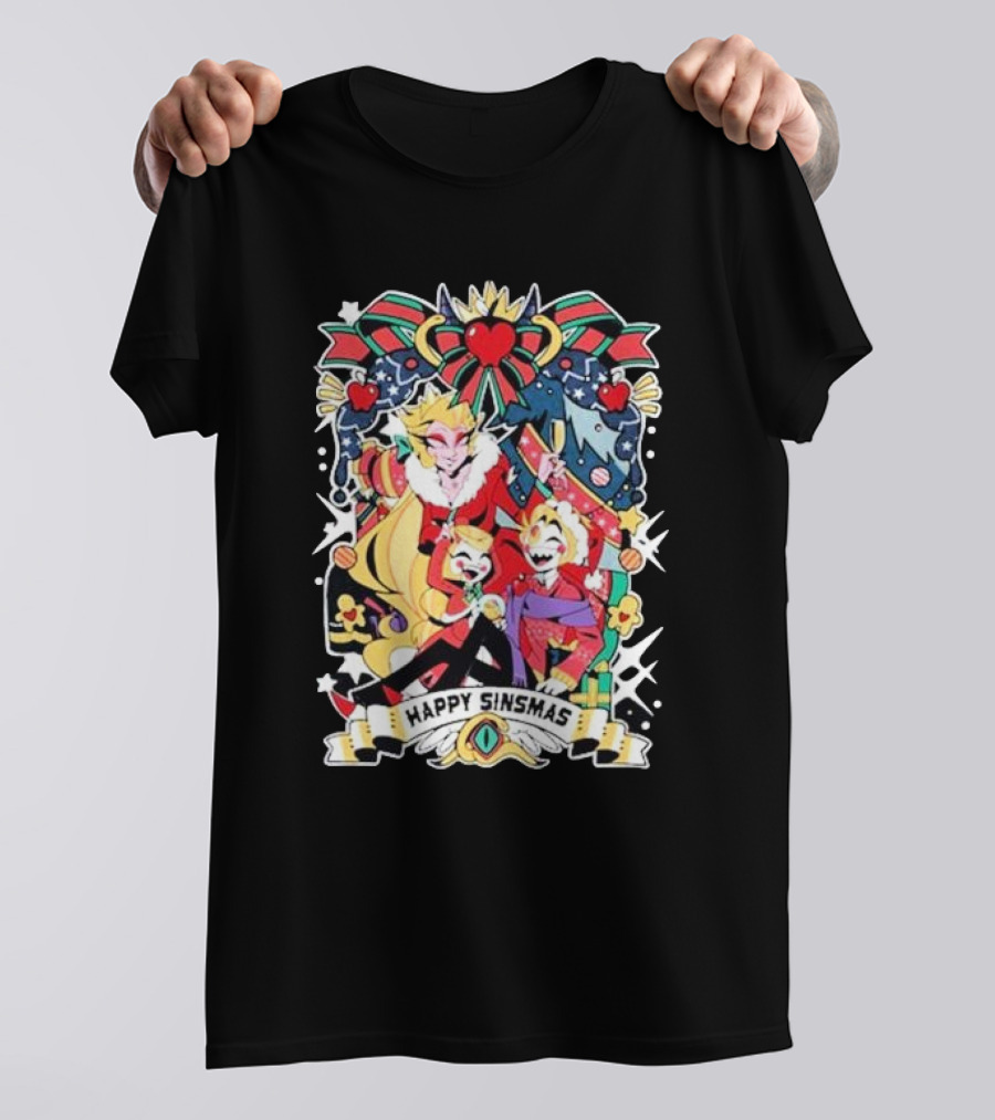 Hazbin Hotel Happy Sinsmas Christmas Celebration With Characters And Holiday Decorations T-Shirt