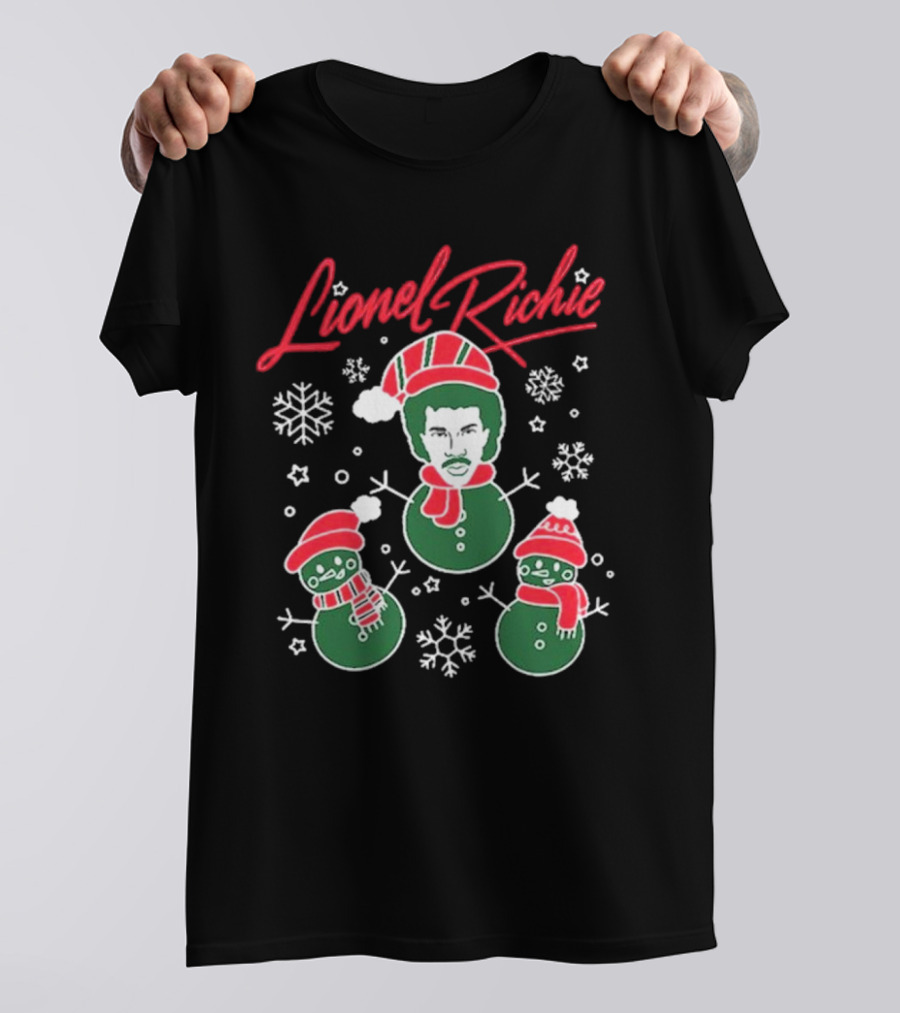 Lionel Richie Festive Snowman Trio With Red And Green Accents T-Shirt