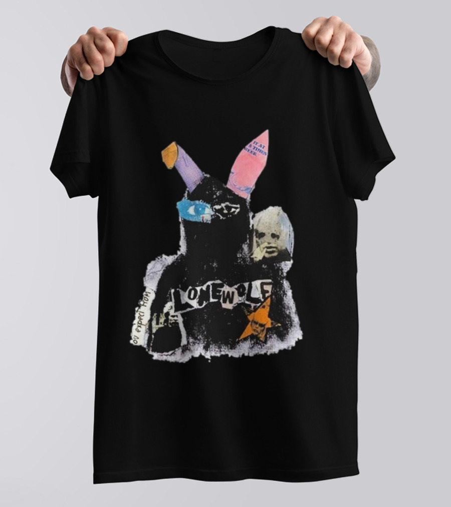 Lonewolf Bunn Psychedelic Collage With Earpiece Text And Star Elements T-Shirt