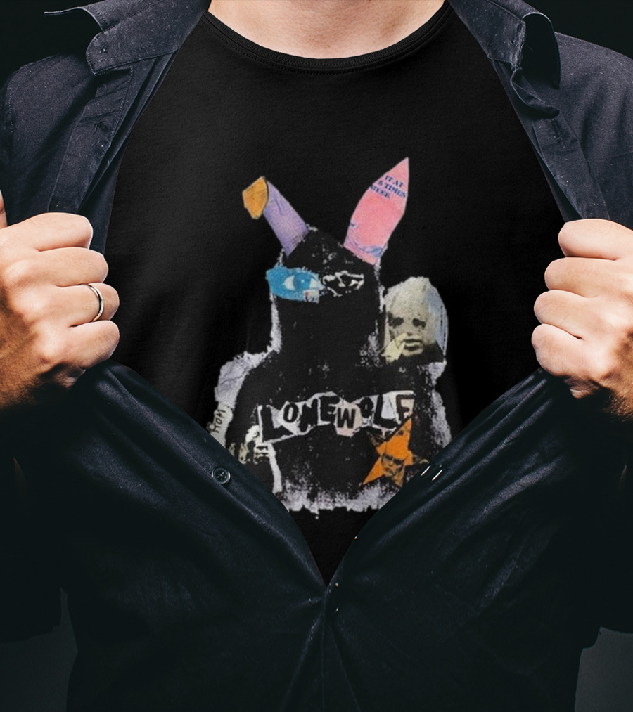 Lonewolf Bunn Psychedelic Collage With Earpiece Text And Star Elements T-Shirt