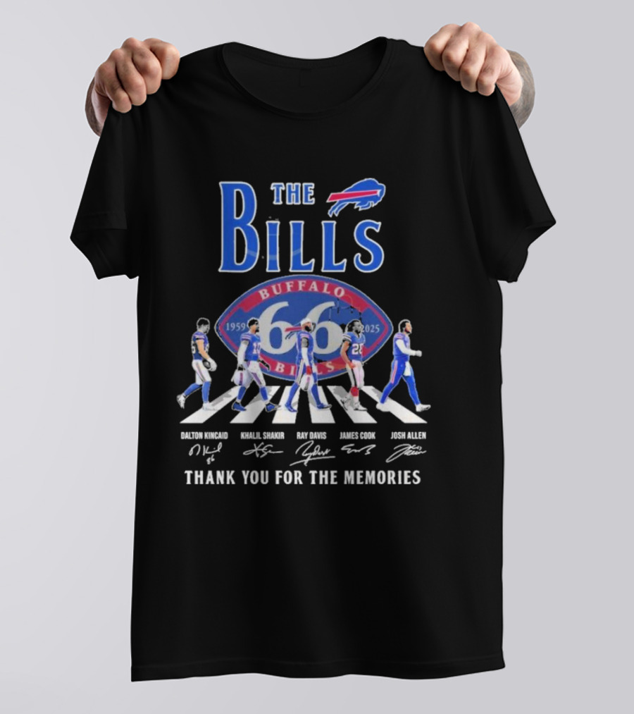 Buffalo Bills 66 Year 1959-2025 Signature Thank You For The Memories Dalton Kincaid Khalil Shakir Ray Davis James Cook Josh Allen T-Shirt
