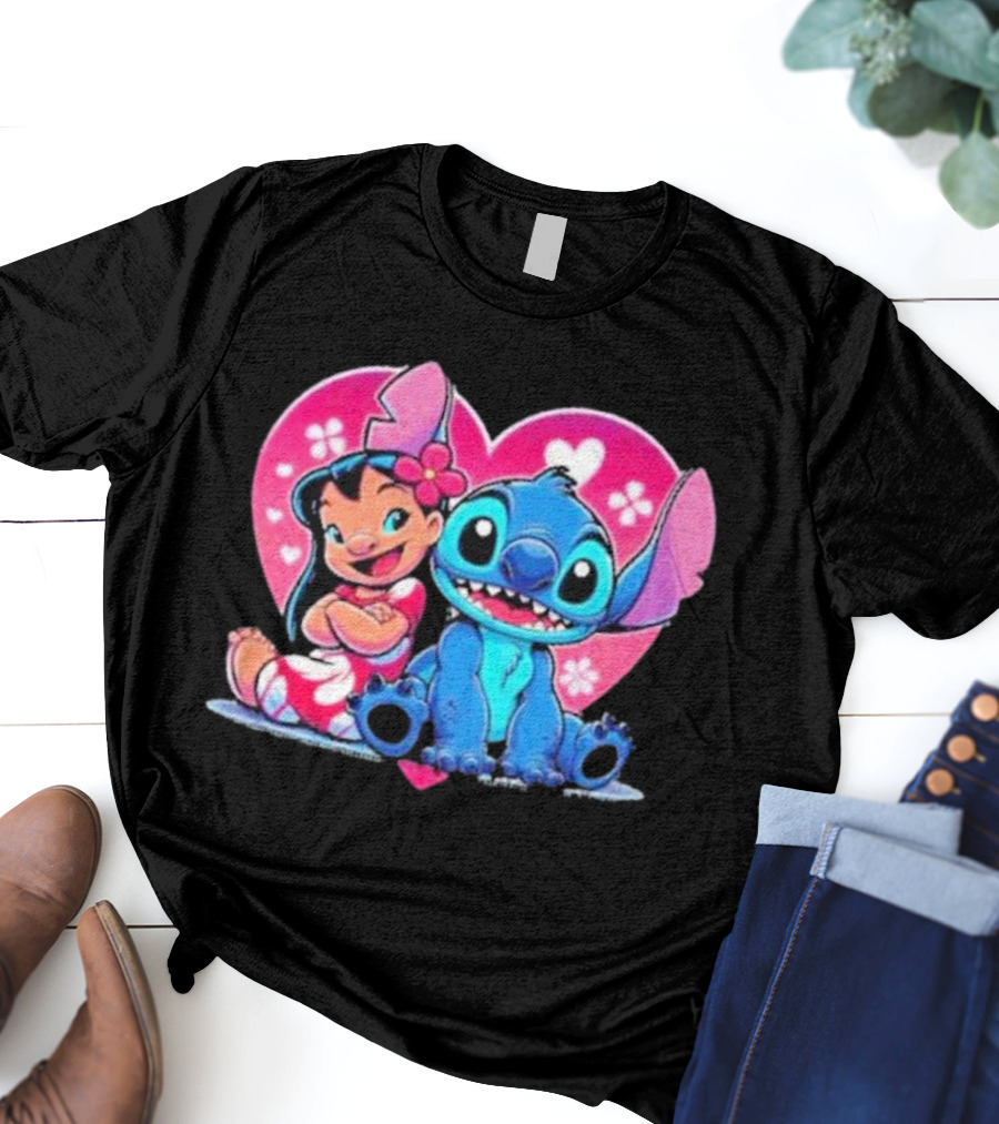 Lilo And Stitch Heart Background Pink Flower Ears Cute Characters T-Shirt