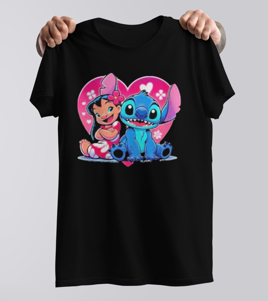 Lilo And Stitch Heart Background Pink Flower Ears Cute Characters T-Shirt