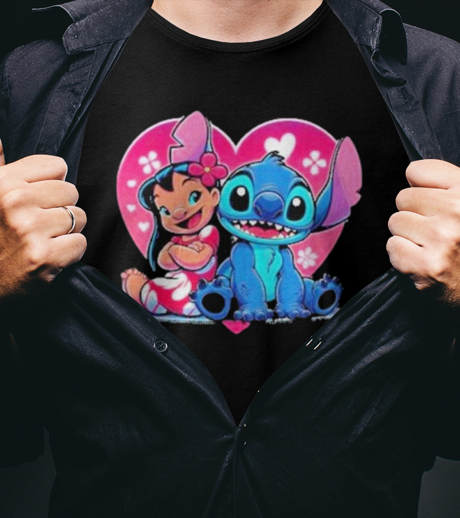 Lilo And Stitch Heart Background Pink Flower Ears Cute Characters T-Shirt