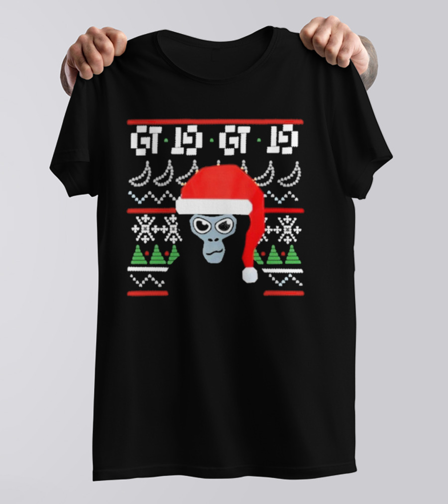GT IS GT IS Festive Monke Claus Santa Hat Christmas Trees Snowflakes T-Shirt