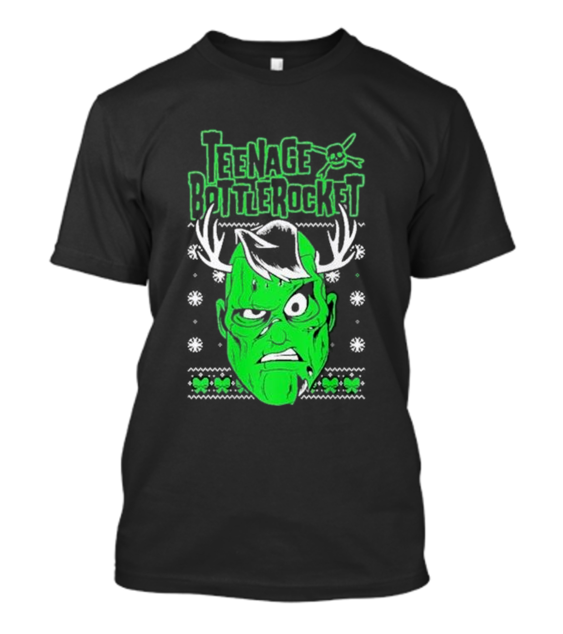 Teenage Bottlerocket Green Grumpy Face With Antlers Snowflakes Skulls Christmas T-Shirt