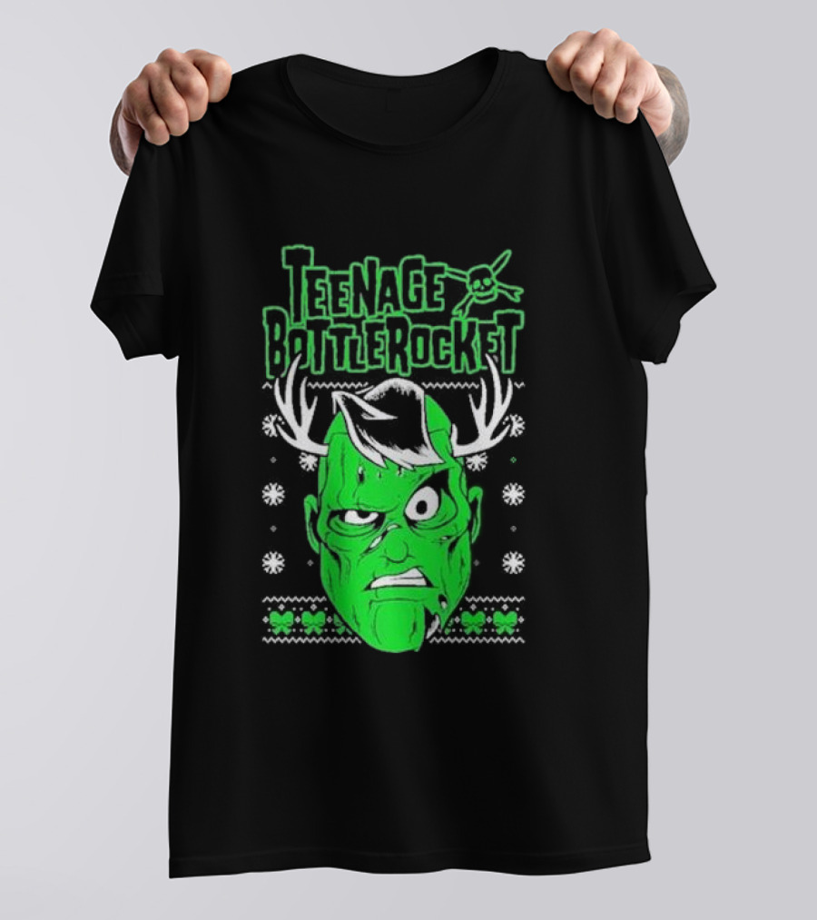 Teenage Bottlerocket Green Grumpy Face With Antlers Snowflakes Skulls Christmas T-Shirt