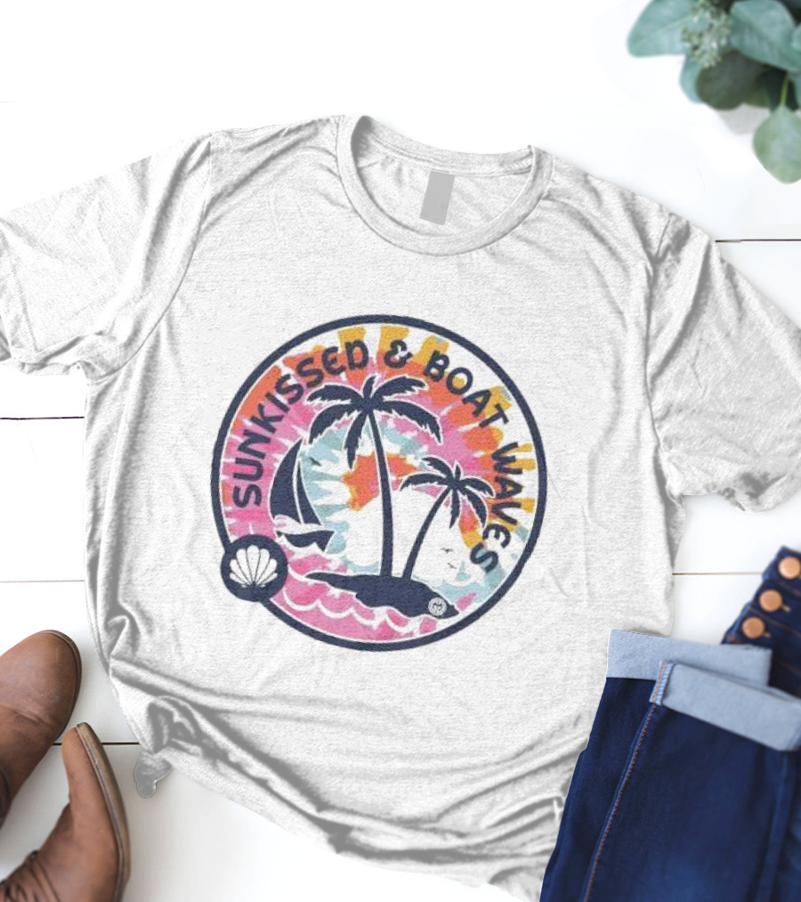 Sunkissed And Boat Waves Palm Trees Shell Sailboat Colorful Circle Emblem T-Shirt