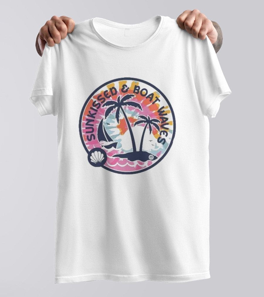 Sunkissed And Boat Waves Palm Trees Shell Sailboat Colorful Circle Emblem T-Shirt