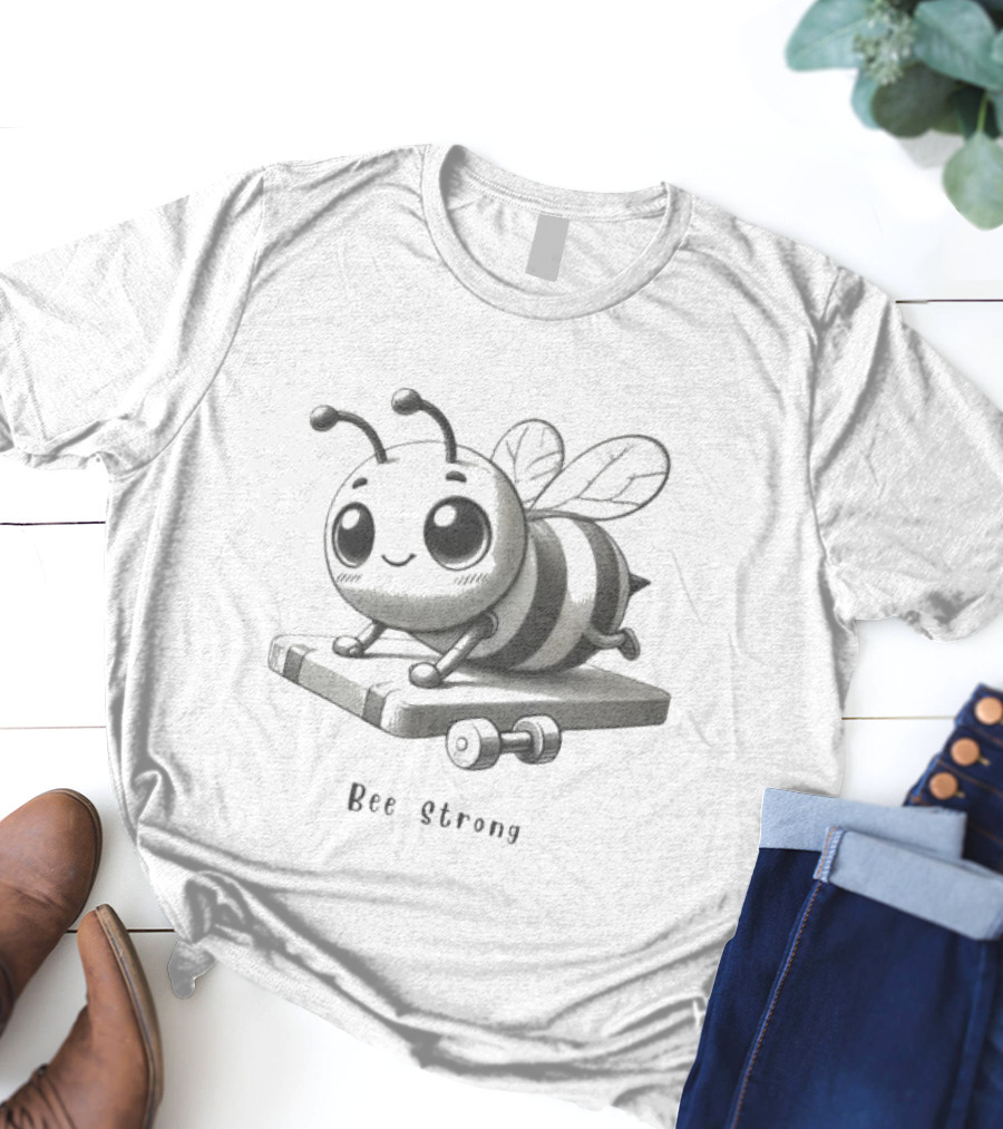 Bee Strong Motivational Cartoon Bee Lifting Weights T-Shirt