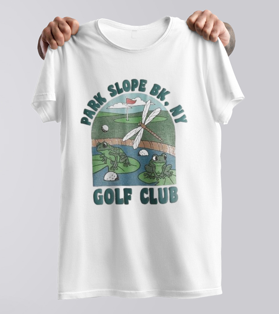 Park Slope BK NY Golf Club Frog And Dragonfly On Golf Course Lily Pads In Pond T-Shirt