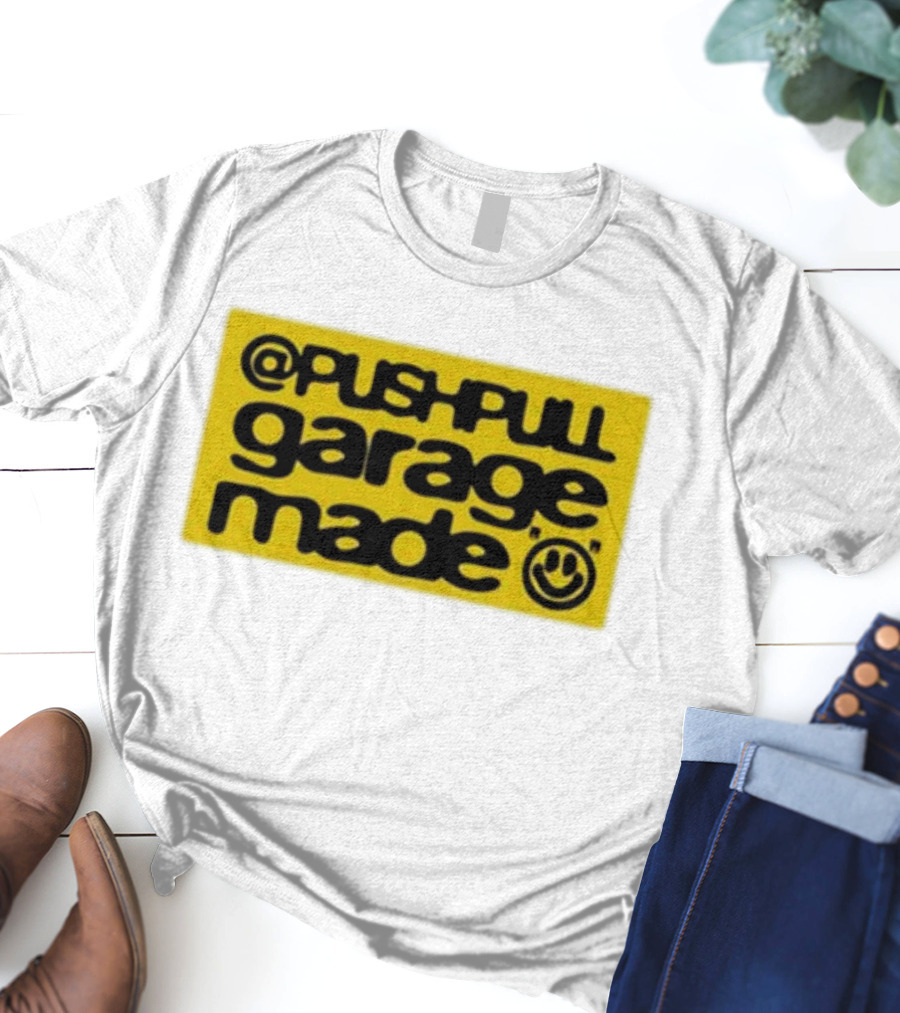 Pushpull Garage Made Smiley Face Yellow Background T-Shirt