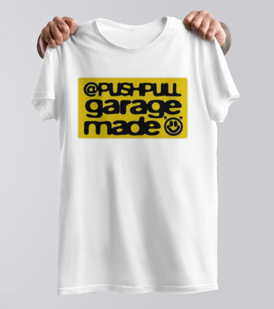 Pushpull Garage Made Smiley Face Yellow Background T-Shirt