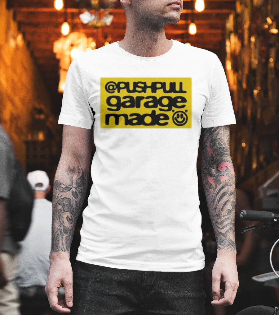Pushpull Garage Made Smiley Face Yellow Background T-Shirt