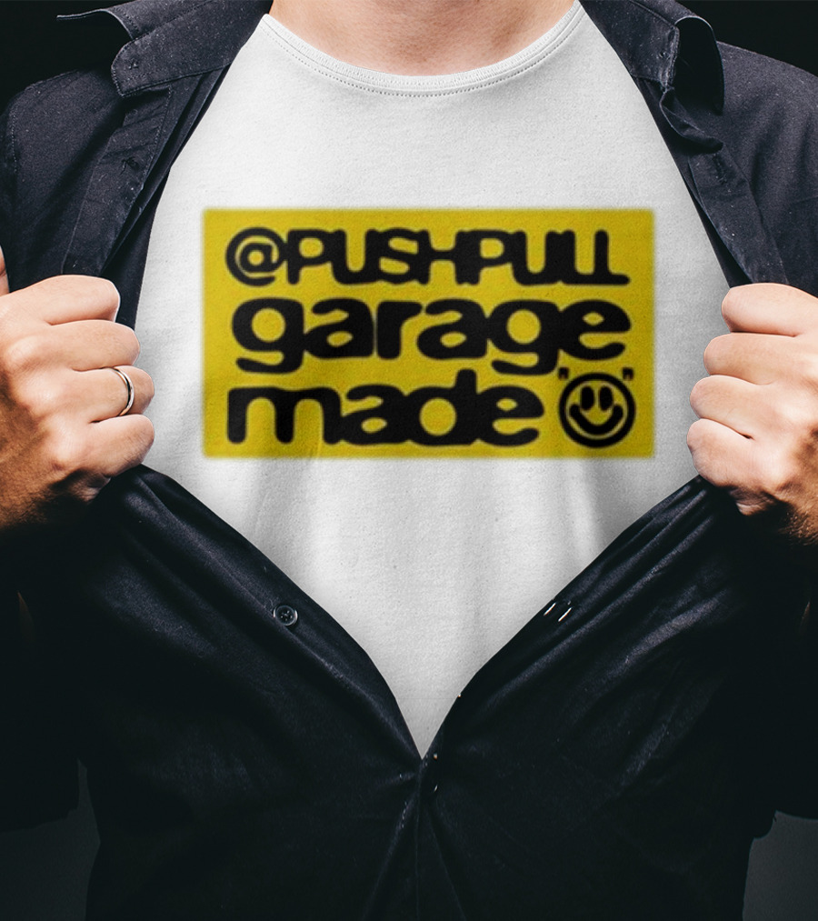 Pushpull Garage Made Smiley Face Yellow Background T-Shirt