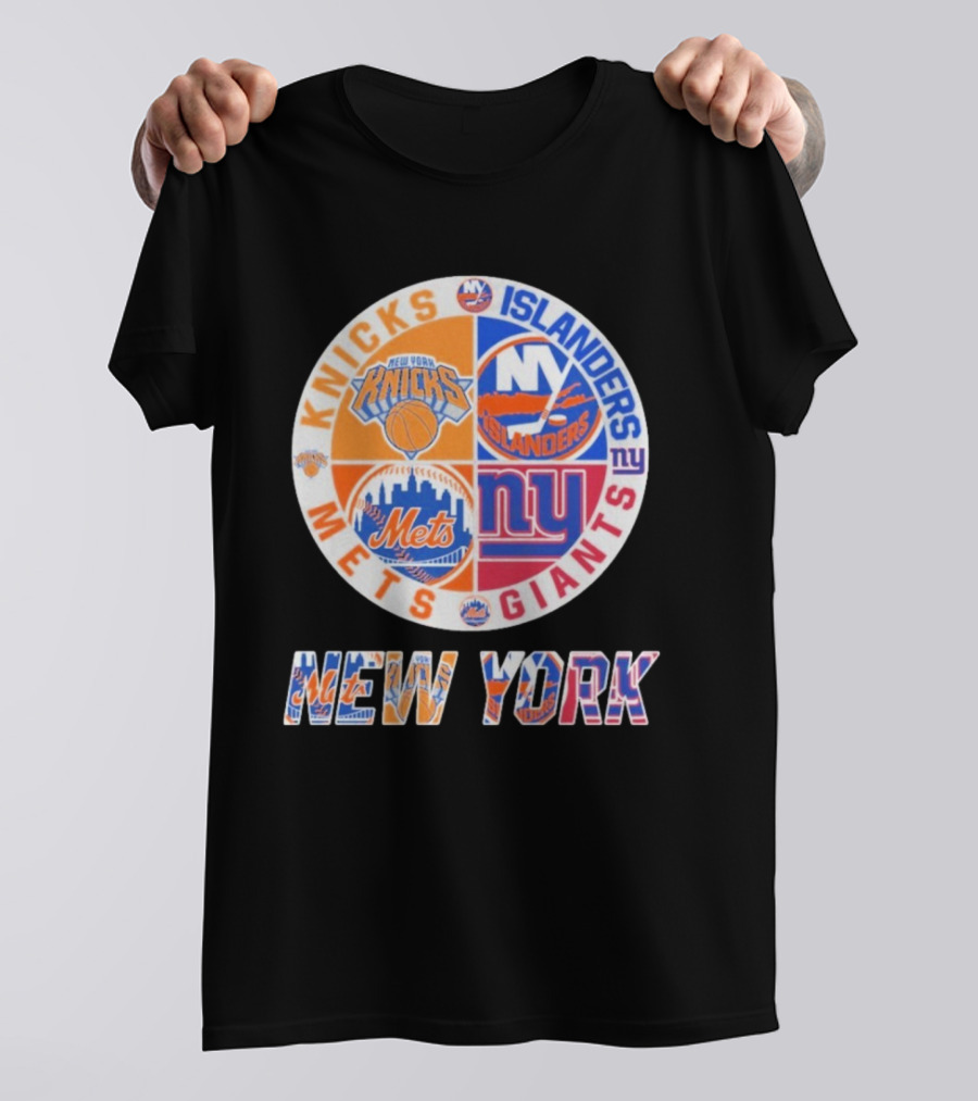 New York Knicks Mets Giants Islanders Logos Circle NYC Sports Teams T-Shirt
