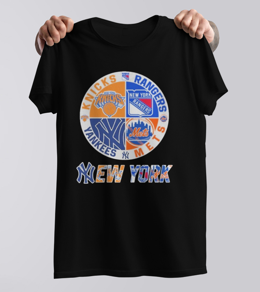Knicks Rangers Yankees Mets New York Circle Logo Collaboration T-Shirt