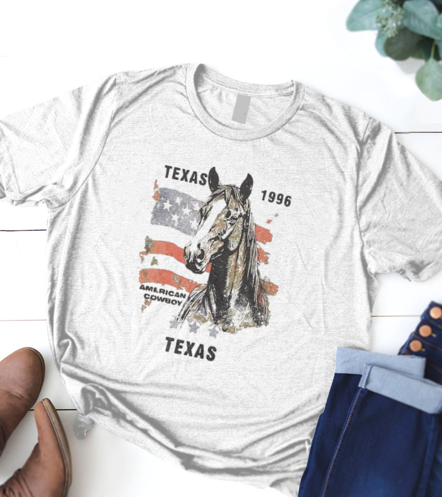 Texas 1996 American Cowboy Horse With Stars And Stripes Flag T-Shirt