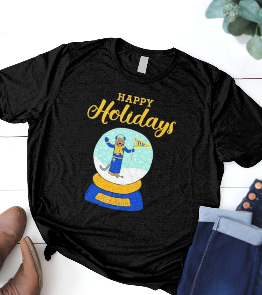 University Of Pittsburgh Pitt Roc Snow Globe Happy Holidays T-Shirt