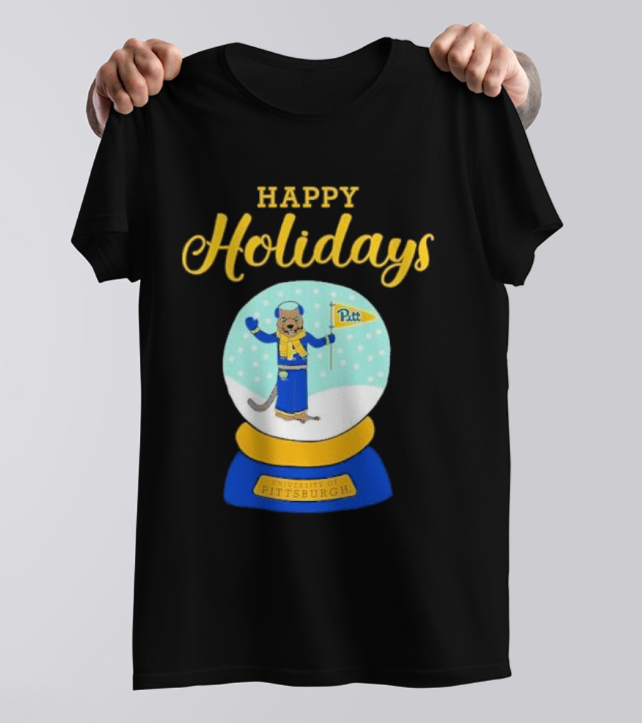 University Of Pittsburgh Pitt Roc Snow Globe Happy Holidays T-Shirt