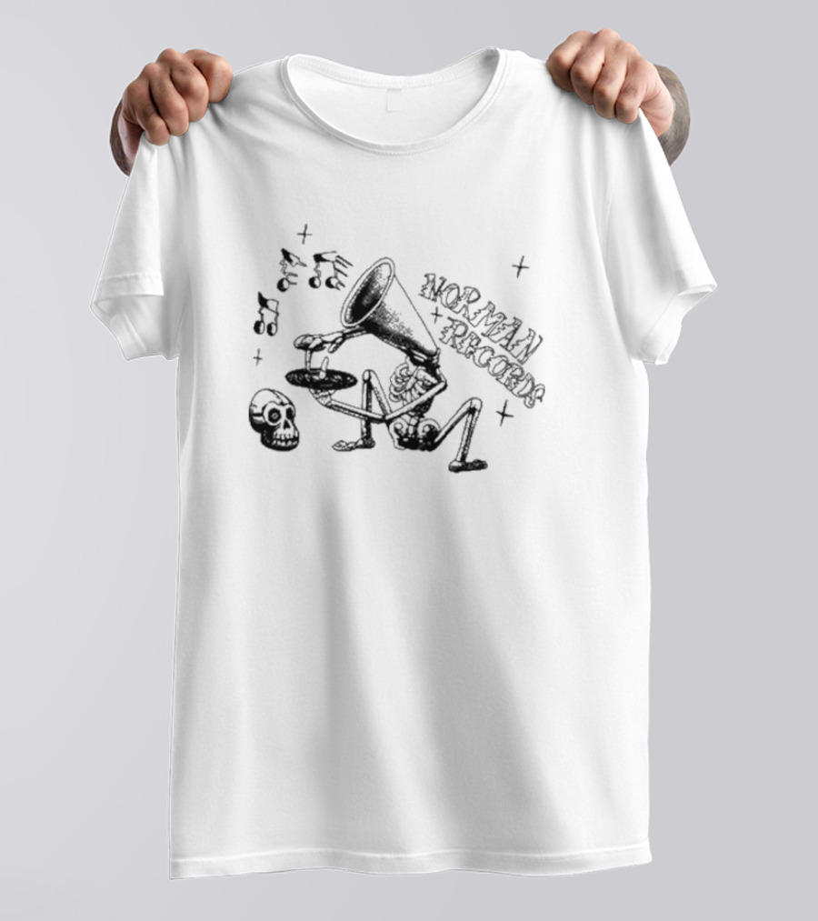 Norman Records Skeleton Phonograph Music Notes Skull T-Shirt